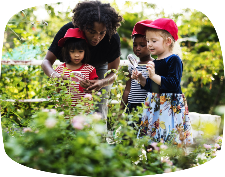 children using magnifying glass and studying plants
